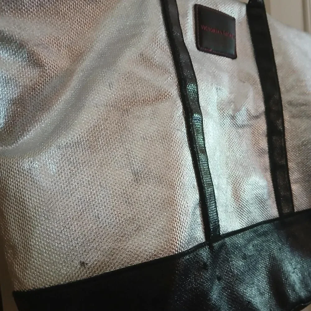 Victoria's Secret Silver Metallic Tote Bag Beach Bag Carry All Weekender Y2K